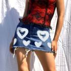 Heart Print Denim Mini Pencil Skirt