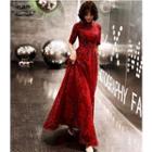 Short-sleeve Mandarin Collar Open-back A-line Evening Gown