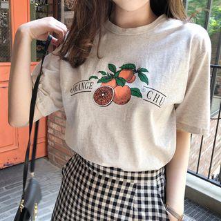 Round-neck Orange Illustration Print Cotton T-shirt