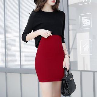 Set: 3/4-sleeve Plain Top + Fitted Skirt
