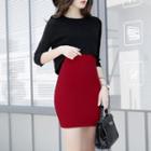 Set: 3/4-sleeve Plain Top + Fitted Skirt