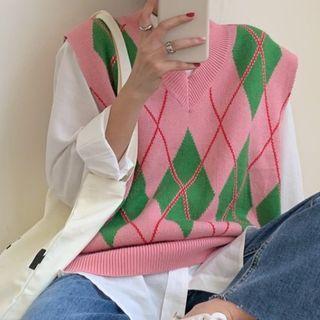 Argyle Sweater Vest Argyle - Green & Pink - One Size