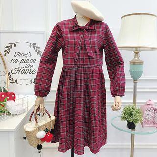 Tie-neckline Plaid A-line Dress