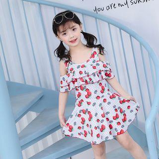 Elbow-sleeve Cold Shoulder Strawberry Printed Swimdress