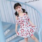 Elbow-sleeve Cold Shoulder Strawberry Printed Swimdress
