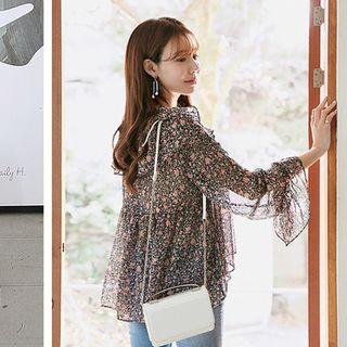 Ruffle-trim Floral Print Sheer Top