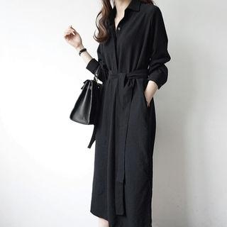 Slit-side Boxy-fit Long Shirtdress With Sash