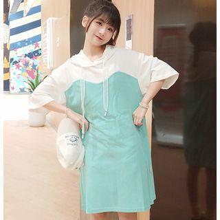 Two-tone Hooded Elbow-sleeve T-shirt Dress