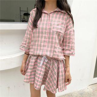 Mock Two-piece 3/4-sleeve Plaid Mini Dress