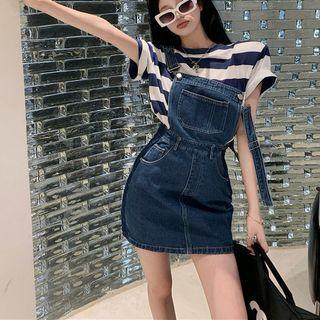 Short-sleeve Striped T-shirt / Denim Overall Dress