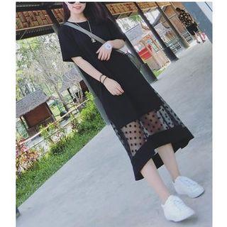 Polka Dot Mesh Hem T-shirt Dress