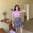 Short-sleeve Ribbed Polo Knit Top / Floral Print A-line Skirt