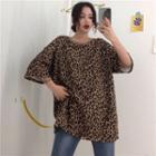 Elbow-sleeve Leopard Print T-shirt As Shown In Figure - One Size