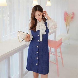 Button-front Denim Mini Pinafore Dress