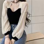 Long-sleeve Two-tone Top Top - Black & Beige - One Size