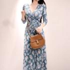 3/4-sleeve Leaf Print Midi A-line Wrap Dress