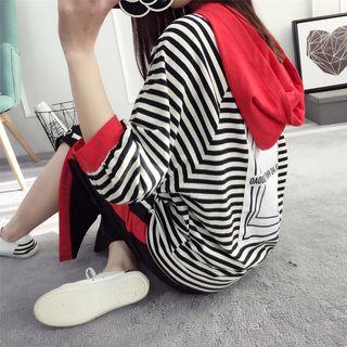 3/4-sleeve Striped Hooded T-shirt