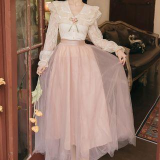 Set: Long-sleeve Floral Top + Mesh Skirt
