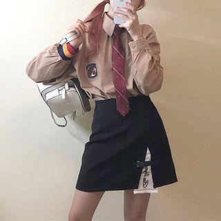 Applique Shirt / Lettering Embroidered Mini A-line Skirt