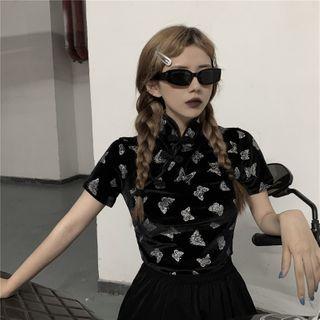 Butterfly Print Short-sleeve Cropped Qipao Top
