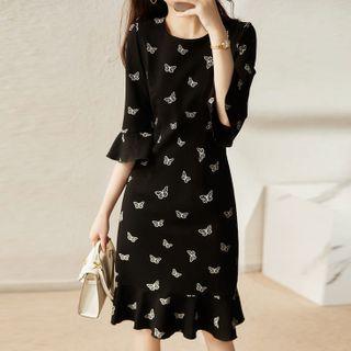 Elbow-sleeve Butterfly Print Dress