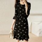 Elbow-sleeve Butterfly Print Dress