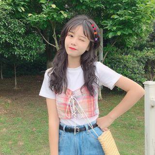 Short-sleeve Plaid Panel Lace-up T-shirt