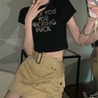 Short-sleeve Rhinestone Lettering Cropped T-shirt / Mini Pencil Skirt