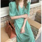 Puff-sleeve V-neck Print Dress