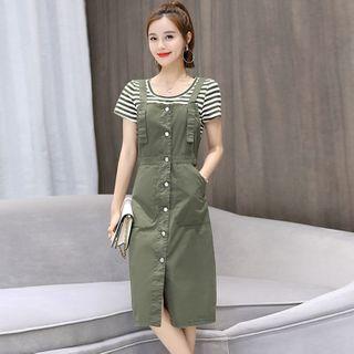 Set: Short-sleeve Striped T-shirt + A-line Midi Pinafore Dress