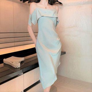 Cold Shoulder Ruffle Midi A-line Dress Ash Pea Green - One Size