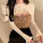 Mock Two-piece Cutout Knit Crop Top White & Khaki - One Size