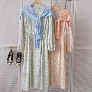 Set: Puff-sleeve Floral Print Midi A-line Dress + Cape