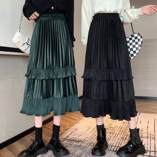 Ruffle Trim Velvet Pleated Midi Skirt