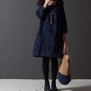 Long-sleeve Floral Embroidered Shift Dress