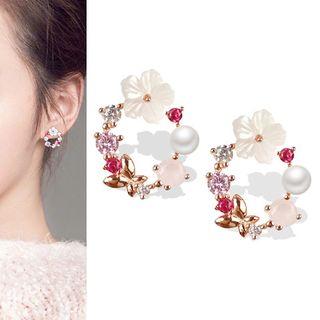 925 Sterling Silver Faux Pearl Flower Hoop Earring Faux Pearl & Flower - Gold & Pink & White - One Size