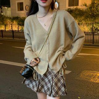 Long-sleeve V-neck Drawstring Cardigan / Plaid Mini A-line Skirt