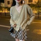 Long-sleeve V-neck Drawstring Cardigan / Plaid Mini A-line Skirt