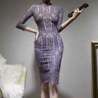 Lace Elbow-sleeve Skinny Midi Dress