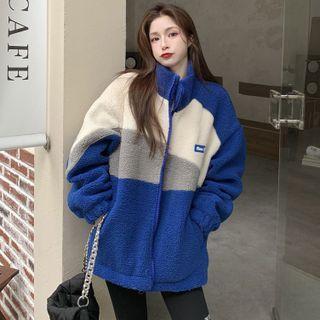 Stand Collar Color Block Fleece Jacket Blue - One Size