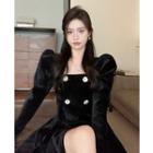 Puff-sleeve Velvet Dress Black - One Size