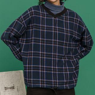 V-neck Plaid Sweatshirt