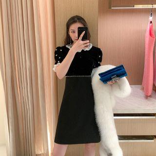 Short-sleeve Embroidered Velvet A-line Dress