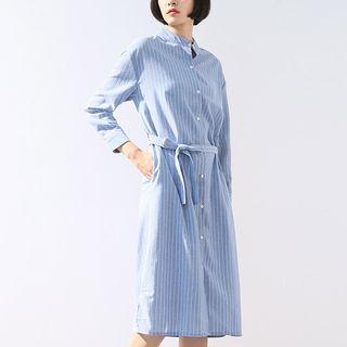 Tie-waist Pinstriped Shirtdress