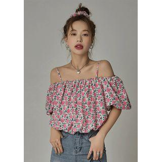 Puff-sleeve Floral Blouse Pink - One Size