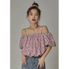 Puff-sleeve Floral Blouse Pink - One Size