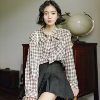 Tie-neck Plaid Blouse Plaid - Khaki - One Size