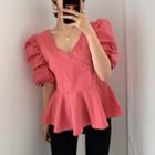 Puff-sleeve V-neck Open Back Drawstring Blouse