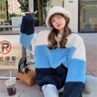Color-block Fleece Loose-fit Pullover Blue - One Size