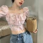 Floral Print Puff-sleeve Cropped Blouse Pink - One Size